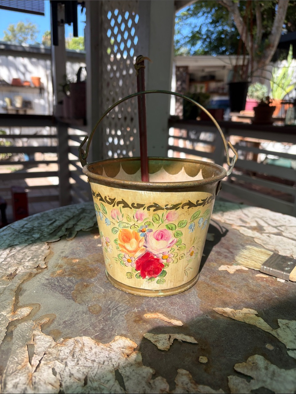 Hand-Painted Floral Metal Bucket - Gold Finish vintage